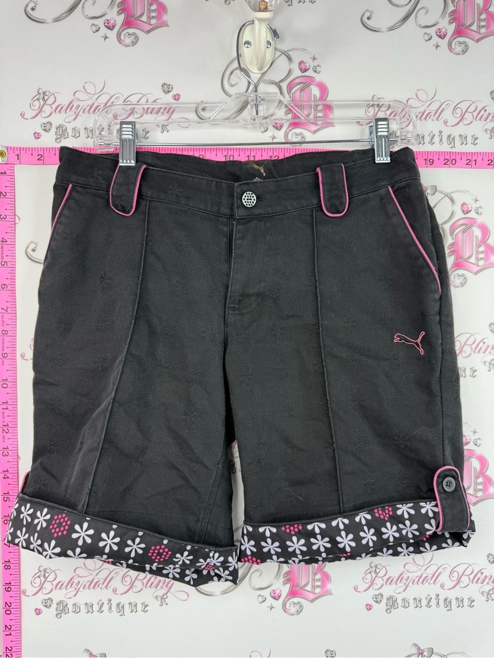 Puma shorts floral flowers pink Black Shorts with Pink Trim and Floral Cuff